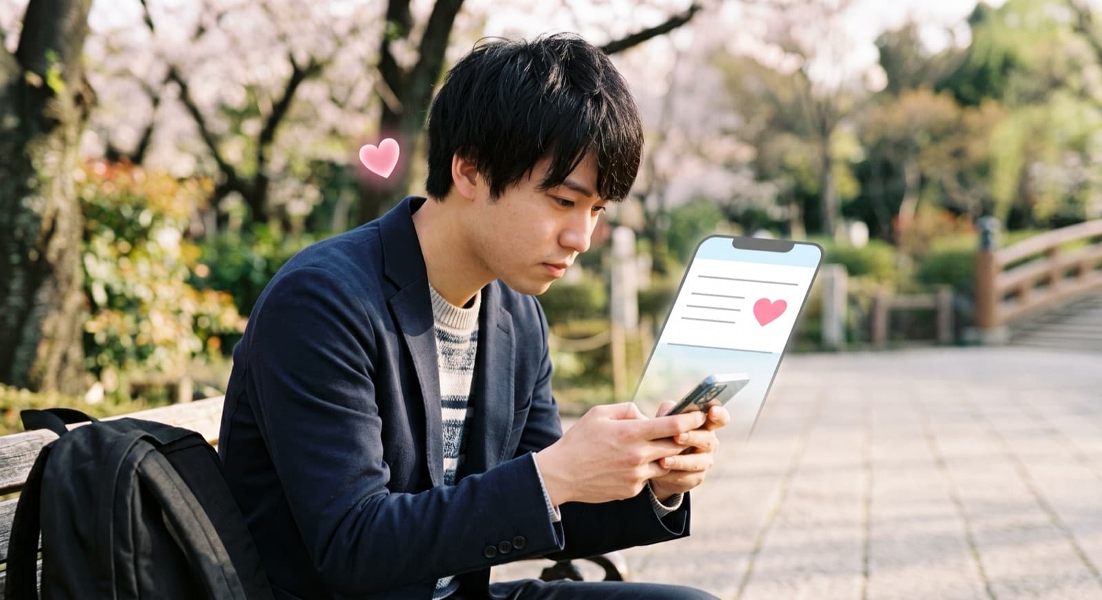ベンチでスマホから両思い確認を作成する人