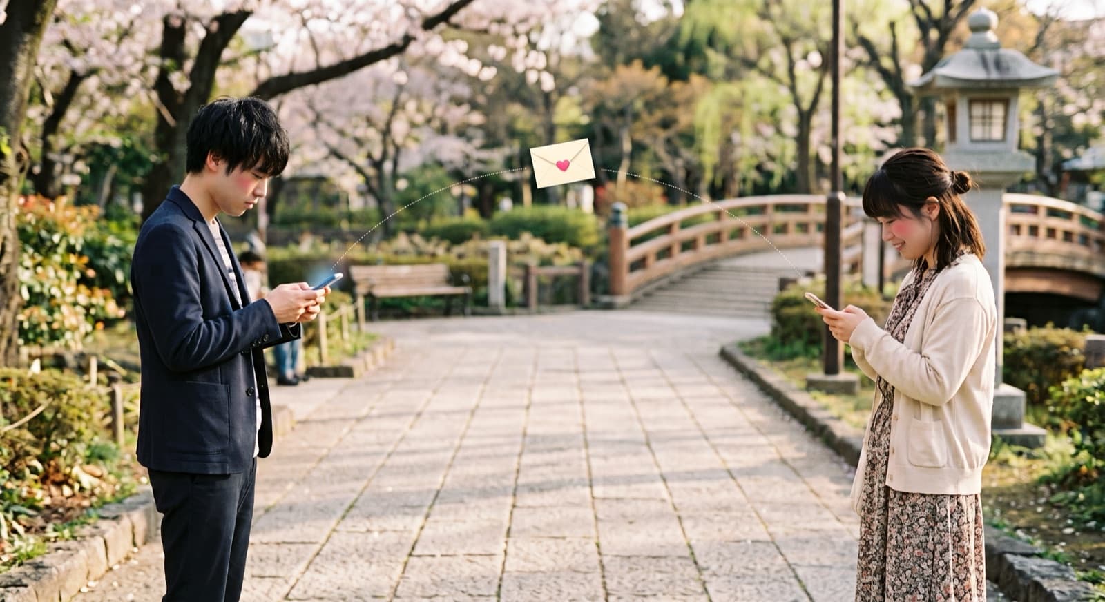 離れて立つ二人の間をハートの封筒が飛んでいく様子