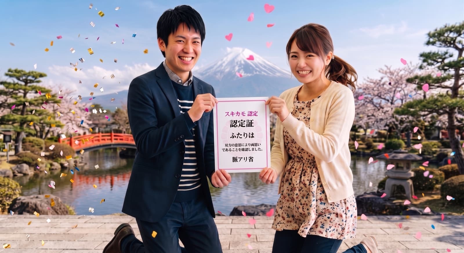 認定証を掲げて喜ぶ二人